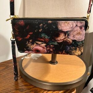 Black & Pink Floral Crossbody Bag with Adjustable Strap & Wristlet Strap.